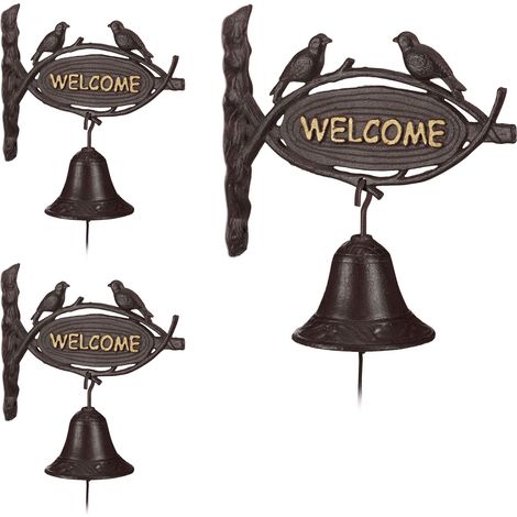 Set of 3 Relaxdays Cast Iron Door Bell WELCOME, Antique Style, Golden Letters, Sign with Birds, Front Door, Dark Brown