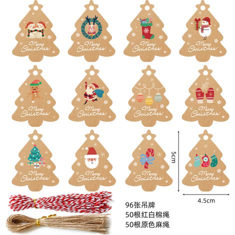 Cartons d'étiquettes de Noël en papier kraft, motif sapin et personnages festifs, lot de 96 étiquettes avec cordons (1/2)