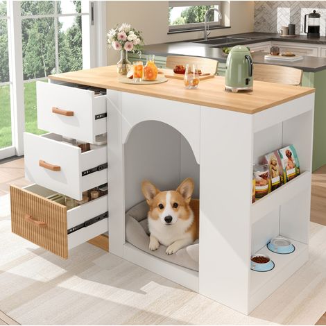 Isola cucina 120x60x90 cm con 3 cassetti, spazio per cane e vani laterali, MDF bianco (1/5)
