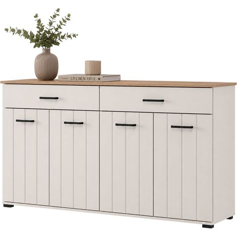 Credenza Quarna, Madia 3 Ripiani, 2 Cassetti, 4 Ante, 156x40x86h cm Bianco Crema