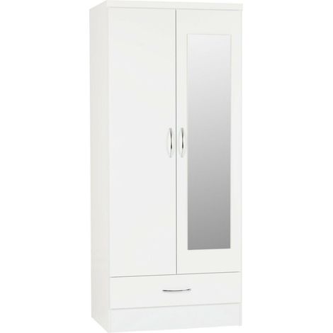 Nevada Mirrored 2 Door 1 Drawer Wardrobe - L52 x W78 x H182.5 cm - White Gloss (1/4)
