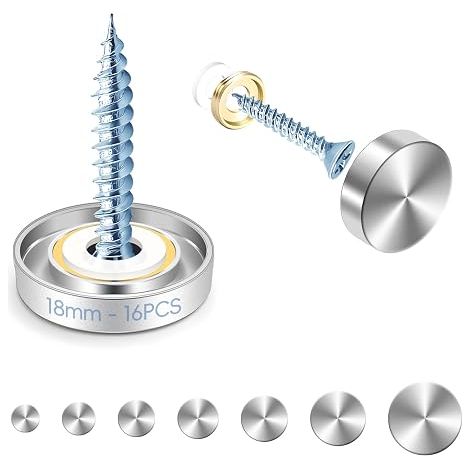 18 mm Mirror Screws 16 Pieces Stainless Steel Screw Caps with Decorative Caps and Washers for Mirrors, Bath Plates, Shower, Cabinets, Tables, Glass Panels, Furniture (1/5)
