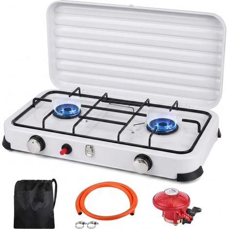 Réchaud Gaz-GPL Camping Portable 2 Feux, 4,4kW Rechaud Gaz Auto-Ignition, Tuyau PVC 150 cm + Régulateur 37 mbar Réchaud Extérieur Couvercle Amovible pour Randonnée, Pêche, Pique-Nique(Blanc) (1/5)