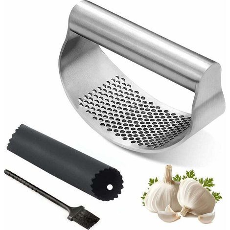 Presse-ail à bascule en acier inoxydable - Outil de hachoir à ail Broyeur à ail portable Coupe-gingembre Coupe-presse à ail - Tube d'éplucheur d'ail en silicone et brosse de nettoyage Gadgets de (1/4)