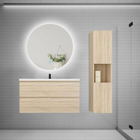 Ensemble meuble chêne et vasque L.100cm 2 tiroirs + colonne1 haut + lavabo + miroir 60x60cm-suspendu (1/5)