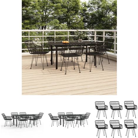 Gartenesszimmer - vidaXL 7-tlg. Garten-Essgruppe Schwarz Poly Rattan - Gartenstuhl Set (1/5)