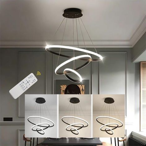 Suspension Luminaire dimmable - Lustre LED Moderne pour Salon Salle à Manger - Avec télécommande Hauteur Réglable - Noir - Ø.20+40+60cm (1/5)
