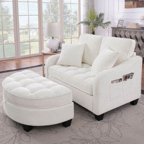 Canapé convertible 2-en-1 1 place avec pouf coffre, convertible en méridienne et lit, tissu respirant beige, mousse haute résilience, eucalyptus (1/5)