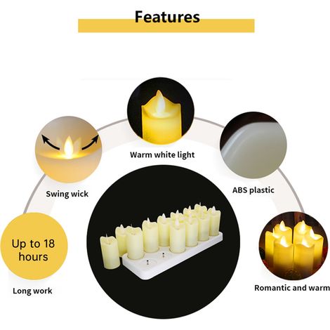 Set mit 12 realistischen, wiederaufladbaren, flammenlosen LED-Kerzen und 4-Tasten-Fernbedienung. Warmgelbe elektrische Kunststoffkerzen für die Dekoration von Zuhause, Halloween, Weihnachten, Partys,  (1/2)