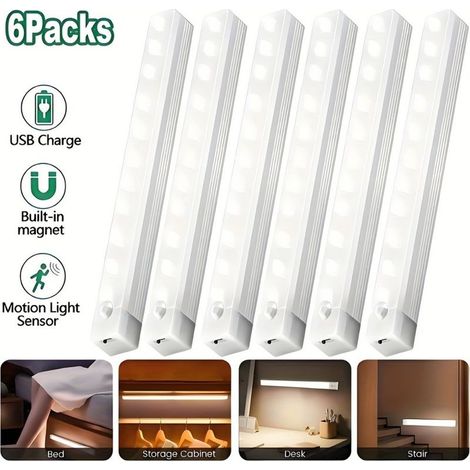 Bande LED rechargeable de 30 cm avec détecteur de mouvement, 3 W, blanc chaud, pour armoire et placard, connexion magnétique USB-C, variation d'intensité progressive, lot de 6 (1/5)