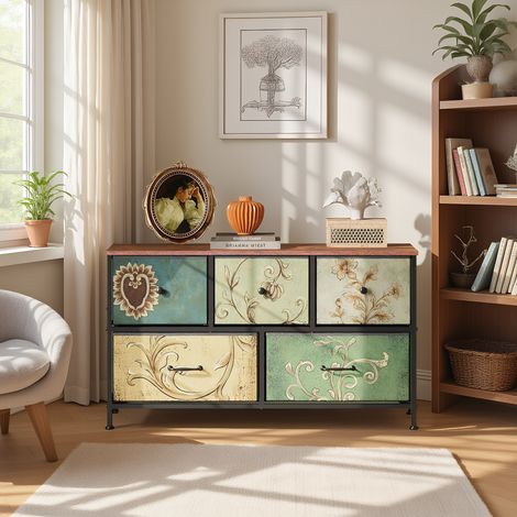 Kommode 100 cm mit 5 Schubladens, Vintage Schubladenschrank mit Metallrahmen und Holzplatte, Bohème-Stil Aufbewahrungsschrank, für das Wohnzimmer, Schlafzimmer und Esszimmer, Vintage-Muster (1/5)