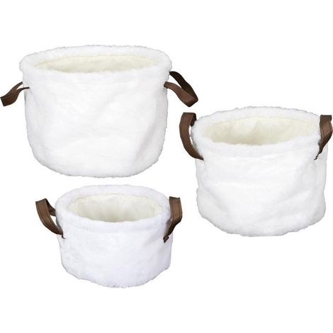 Lot de 3 Paniers Déco "Effet Fourrure" 28cm Blanc (1/4)