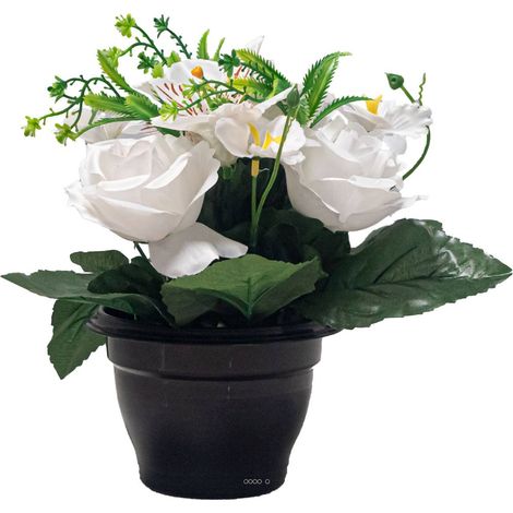 Pot de Roses fleurs artificielles pour le cimetière H 27 cm D 24 cm Blanc neige - couleur: Blanc neige (1/3)