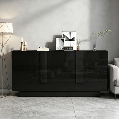 Buffet de salon, 35x160x60 cm, 3 portes, finition brillante, 6 étagères et grand espace de rangement.Meuble large,en aggloméré,facile à nettoyer,noir