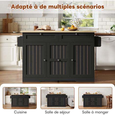 Îlot de cuisine mobile avec plateau rabattable, desserte et meuble de rangement, avec tiroirs verticaux à 2 niveaux, 2 grands tiroirs et roulettes verrouillables, 120 × 45 (70) × 92 cm (1/5)