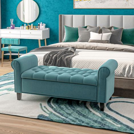 Banc de rangement bout de lit avec accoudoirs, tissu velours rembourré et capitonné, 126 x 48,5 x 57 cm, vert (1/5)