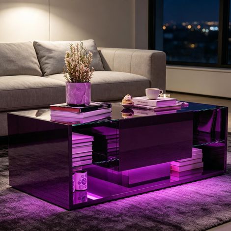 Table basse – verre laqué noir – rangement LED – APP/télécommande – Plateau en verre trempé – Design moderne (1/5)