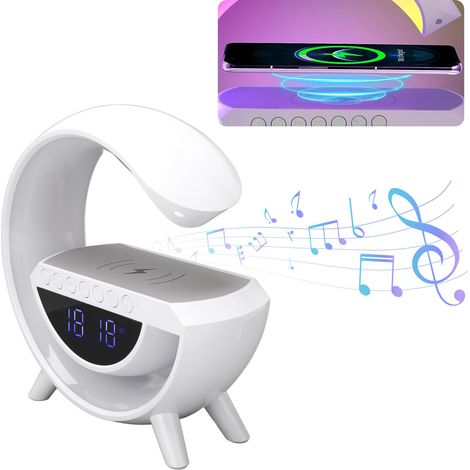 Lampe de table tout-en-un avec chargeur sans fil, éclairage d'ambiance, enceinte Bluetooth 15 W, veilleuse, réveil, radio FM, idéale pour la chambre, le salon ou le bureau (5 V). (1/5)
