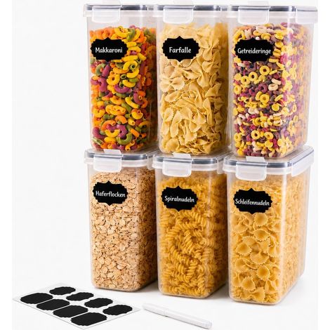 Boîtes de Conservation Hermétiques 4 L - Lot de 6 Boîtes Alimentaires avec Couvercle, Empilables pour Farine, Céréales, Sucre, Café, Pâtes et Spaghettis, Rangement Cuisine (1/5)