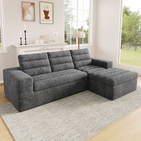 Canapé d’angle modulable en L 253x161x89 cm, style Cloud, sans structure rigide ni montage, mousse haute densité, tissu chenille, Gris clair (1/5)
