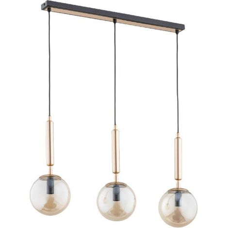 Alfa VOLDA Modern Linear Pendant Light 3xE14, Black Metal with Antique Gold, 3 Gold-Tinted Glass Globe Shades, Dimmable, 72cm Kitchen Island/Dining Table Ceiling Fixture