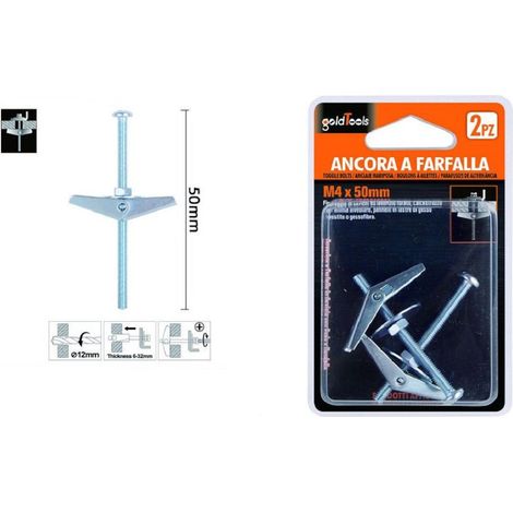 Kaela - Set 2 Pz Ancora A Farfalla In Acciaio Con Dado E Rondella Tassello M4x50mm 57224 - (1/2)