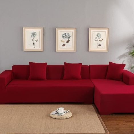 Luxuriöser, weicher Polyester-Ecksofabezug für 3+2-Sitzer-Ecksofas in L-Form – Weinrot (1/4)