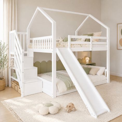 Letto a soppalco in legno di pino e MDF bianco 140x200 cm con scala contenitore e scivolo (1/5)