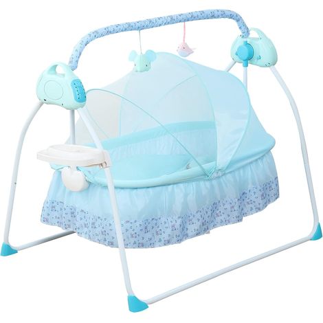 Electric Baby Crib 0-25Kg Cradle Automatic Intelligent Rocker Bed with 12 pieces of music and mosquito nets, Bluetooth Connection Functions Rocking Chair for 0-18 Months Baby, Blue