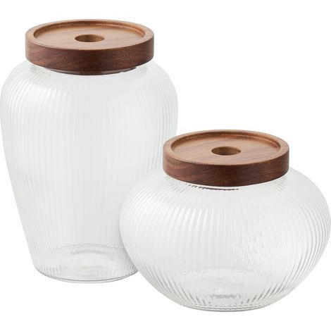 Barattoli Maya in vetro costolato e acacia — set da 2