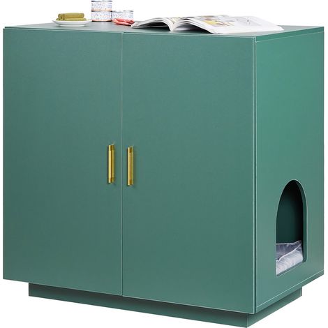 Meuble pour Bac à Litière Chat Armoire Cache Maison de Toilette de Chat Double Porte, Niche Cache-litière Bois avec Trous d'Aération, pour la Plupart Bacs à Litière Chats, 80 x 50 x 79 cm, Vert