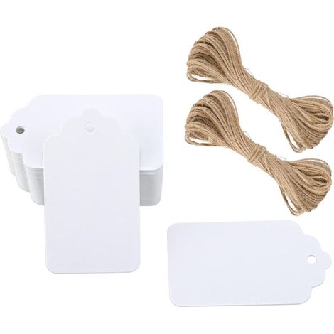 100 weiße Geschenkanhänger (7 x 4 cm) mit Loch + 20 m Juteschnur – Geschenkanhänger aus Kraftpapier für Geschenke, Hochzeiten, Weihnachten, Geburtstage und DIY-Projekte (1/5)