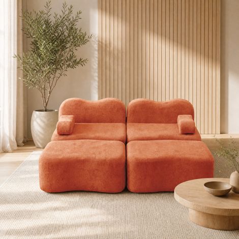 Canapé modulaire 2 places en velours orange avec 2 ottomans, sans structure interne (1/5)