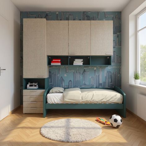 Cameretta a mezzo ponte con divano letto, armadio e cassettiera - Effetto Tessuto e Verde Petrolio