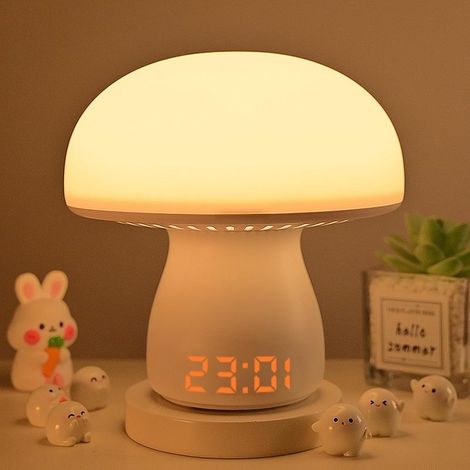 Lampe champignon de table avec horloge, veilleuse tactile rechargeable 3600mAh, LED 3 couleurs pour chambre décoration maison (1/5)
