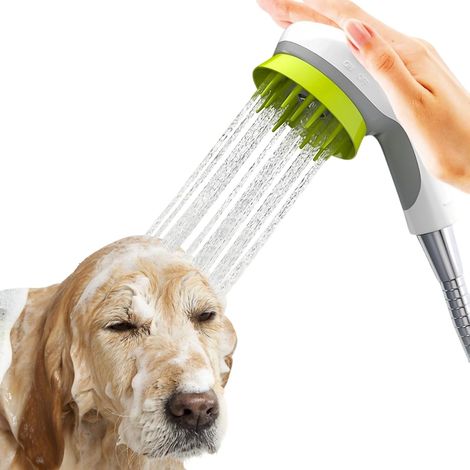 Cabezal de ducha para el cuidado de perros con cepillo de masaje y función de pausa para ahorrar agua, cabezal de ducha para gatos y perros (blanco) (1/5)