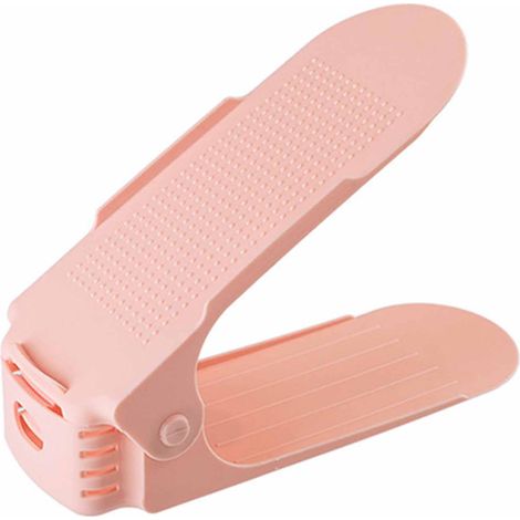 Schuhregal mit 2 Ebenen, verstellbar, platzsparend, rutschfest, robustes PP, ideal zum Stapeln von Schuhen, für Schrankregale, Grau/Rosa