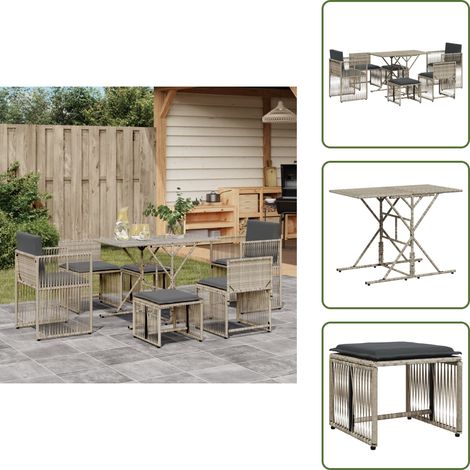 The Living Store 7-tlg. Garten-Essgruppe mit Kissen Hellgrau Poly Rattan - Gartengruppe - Esstisch - Gartenmöbel - Outdoormöbel - PE-Rattan