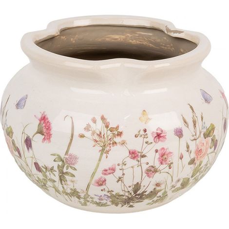 Pot de fleurs céramique beige fleurs roses 23x16cm
