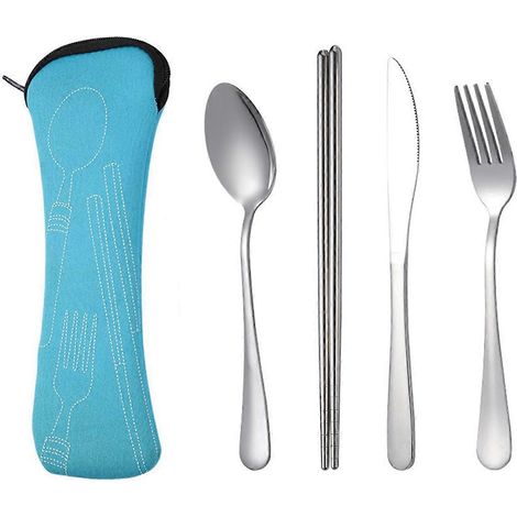 Ensemble de 4 pièces de vaisselle portable : cuillère, fourchette et couteau à steak, bleu clair. (1/5)