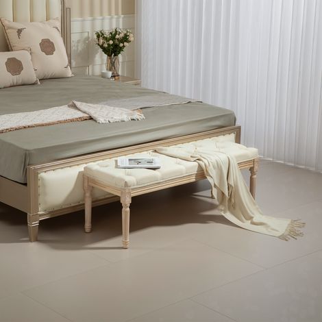 Banc Banquette classique capitonné 115cm bout de lit Rembourrée en lin - bois d'hévéa sculpté, patiné - crème (1/5)