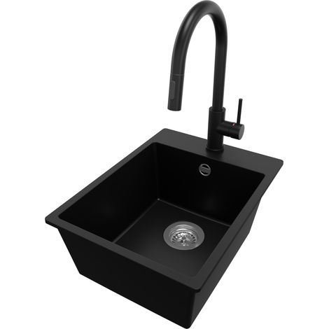 PRIMAGRAN Evier Cuisine en Granit 38x50cm, Lavabo 1 bac + Robinet 40x20cm + Kit de Vidage, Évier à Encastrer au meuble 40cm - Riga, Noir