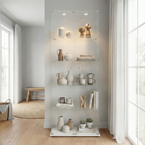 Vetrina in vetro temperato a 5 ripiani, illuminazione LED, 2 ante, armadio da esposizione moderno e minimalista, protezione antipolvere, per soggiorno, collezioni e studio, Bianco