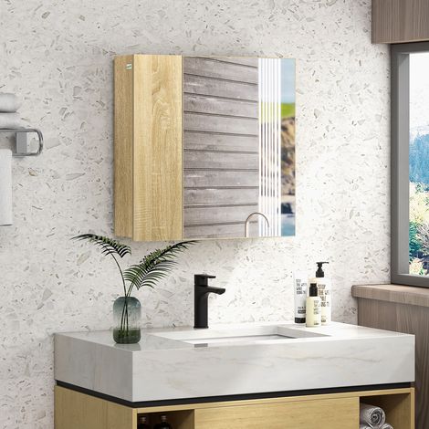 Couleur bois - Armoire de salle de bain avec miroir et 4 étagères intérieures, miroir de salle de bain en bois d’ingénierie, 60x15x60cm (1/4)