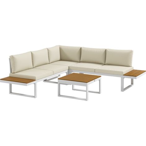Terrassenmöbelset bestehend aus 2 Doppelsofas, 1 Ecksofa mit Liegefunktion und einem Couchtisch mit cremefarbenen Kissen.