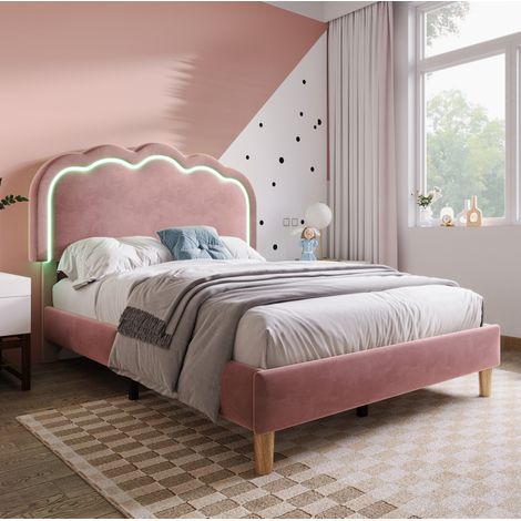 MEUBLIV Cama 90x200 cm rosa – marco tapizado con cabecero LED regulable, sin colchón (1/5)