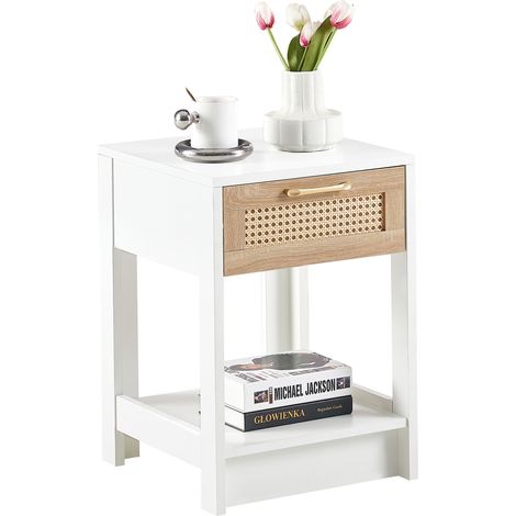 CHICFURN Mesita de noche con cajón 40x40x55 cm MDF blanco y natural, efecto ratán (1/5)