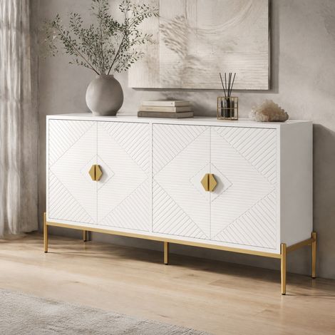 Credenza 162 x 40 x 80 cm bianca con ante geometriche e piedini in metallo HAVRYA (1/5)