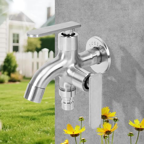 1/2" Double Spout Garden Tap Stainless Steel with Removable Double Valve for Washing Machine Garden Home and Industry (1/5)