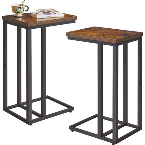 Lot de 2 Tables d'appoint en Forme de C, Table d'appoint de Canapé, Table Basse pour Ordinateur Portable, pour Salon, Chambre à Coucher, Cadre en Métal Rustique Marron et Noir, YD-TM051HB-2 (1/5)